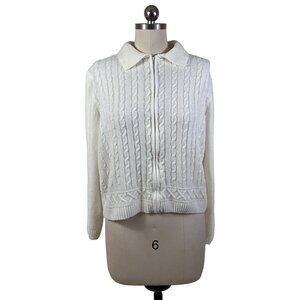 Alfred Dunner Y2K Sweater Cardigan Womens PL Ivory CableKnit Full Zip Fisherman